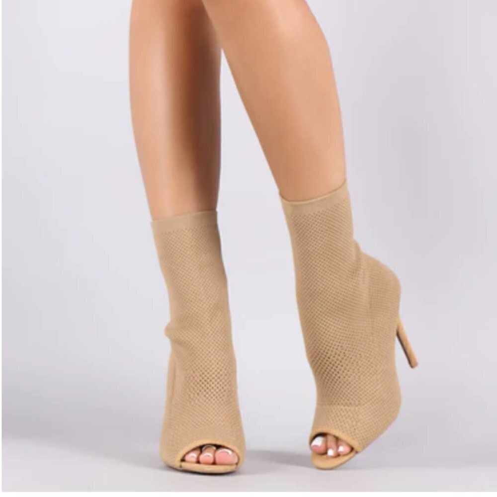 Qupid Knit Peep Toe Suede Stiletto Ankle Boots 6.5 tan sock boots heels